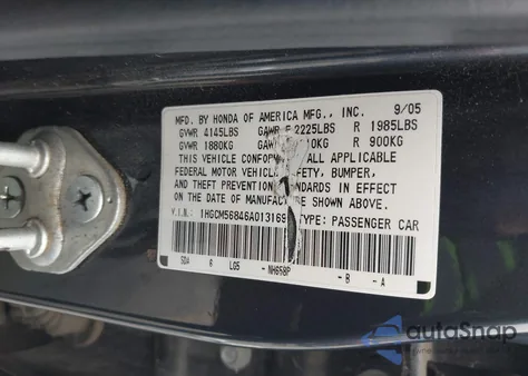 2006 Honda Accord 2.4 Ex из США, поврежденный, VIN 1HGCM56846A013169